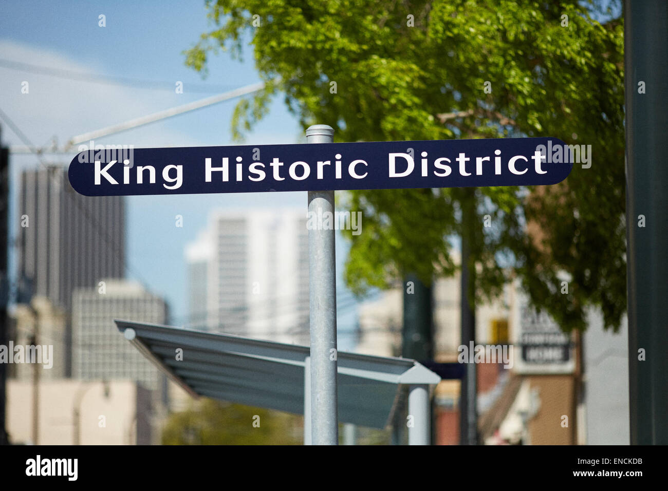 `Downtown Atlanta in Georga USA Atlanta Streetcar station sign King Historic District on Auburn Ave Stock Photo